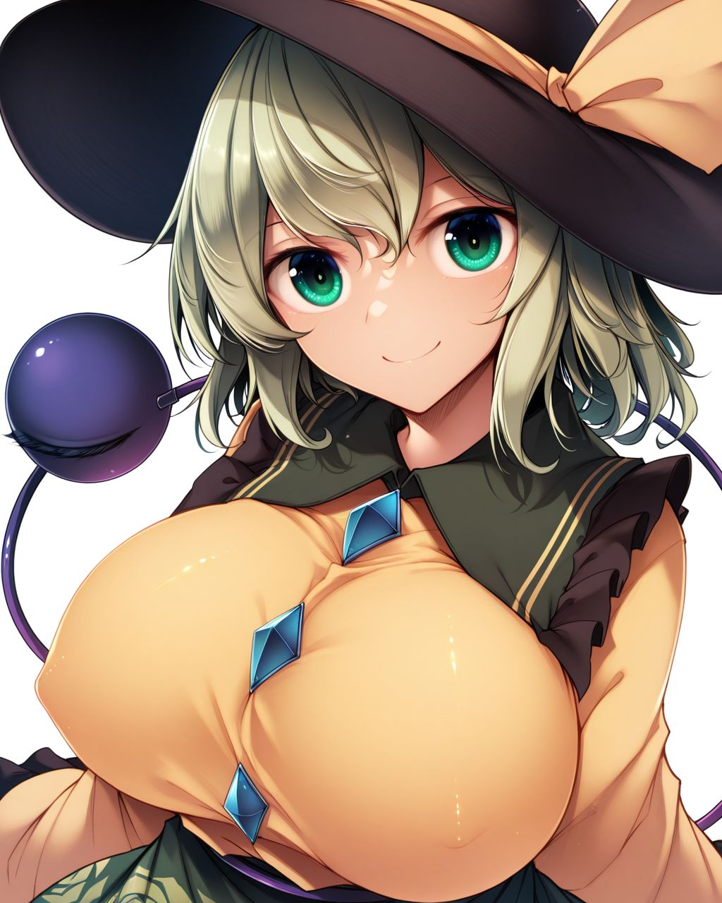 1girl, solo, komeiji koishi,black hat,green hair,green eyes,yellow shirt,floral print,rose print green skirt,third eye, huge breasts, covered nipples, smile, midori \(misuriru8\), looking at viewer, upper body, simple background, white background, masterpiece, best quality, very aesthetic, absurdres