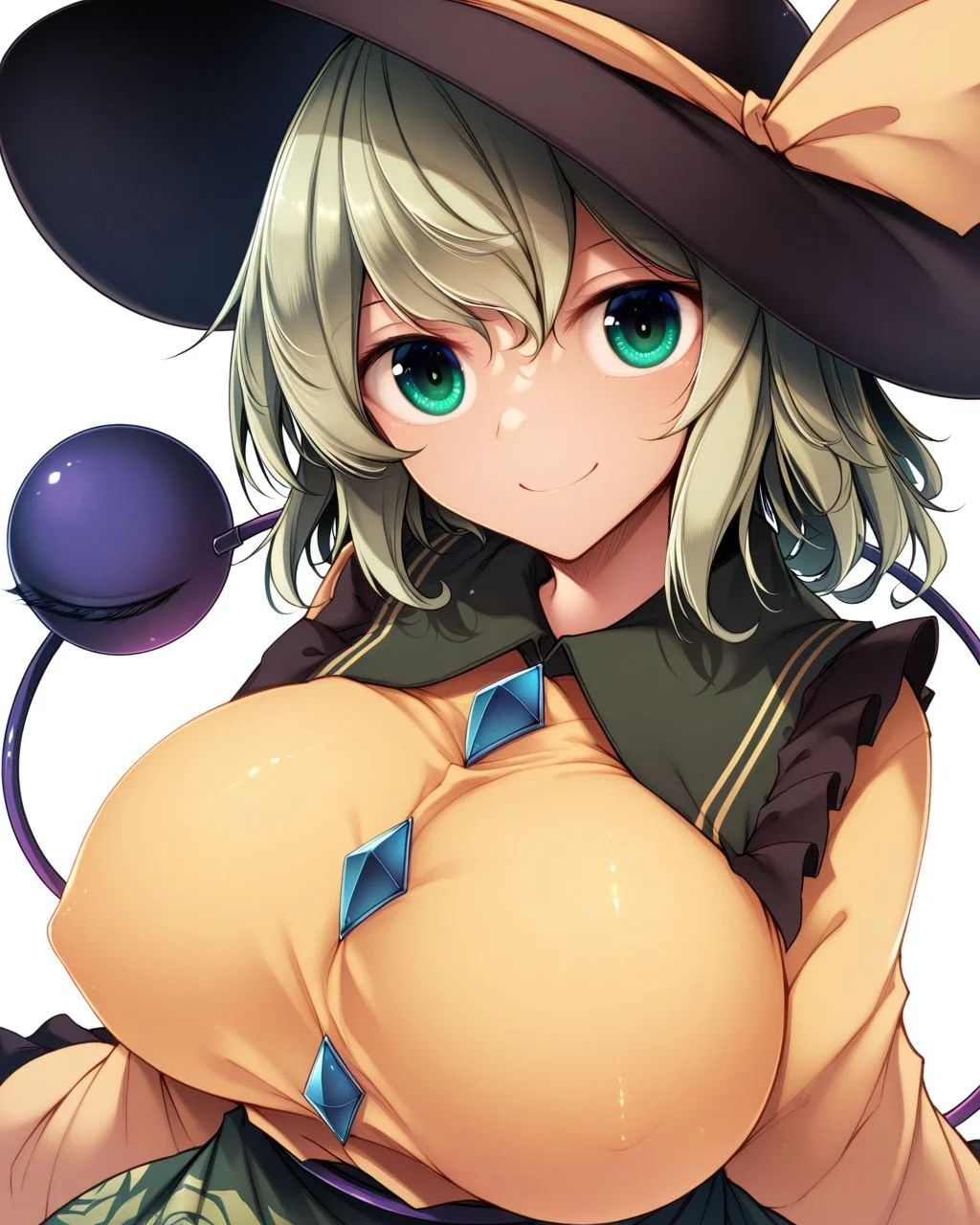 1girl, solo, komeiji koishi,black hat,green hair,green eyes,yellow shirt,floral print,rose print green skirt,third eye, huge breasts, covered nipples, smile, midori \(misuriru8\), looking at viewer, upper body, simple background, white background, masterpiece, best quality, very aesthetic, absurdres