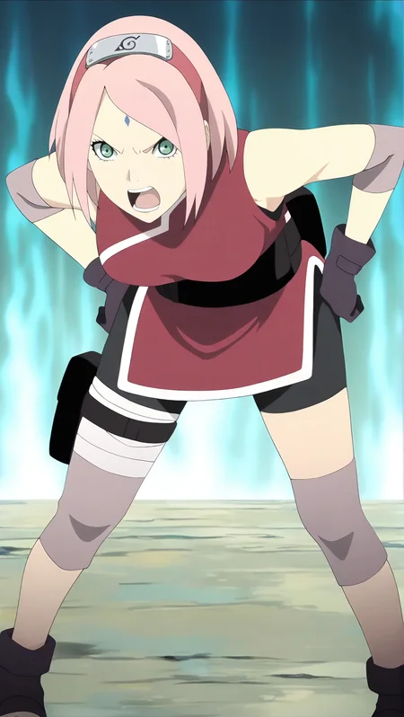 source_anime, masterpiece, best quality, amazing quality, anime screencap, high quality, 8k, absurdres, official style, 1girl, looking at viewer, simple background, angry, hands on hips, standing, leaning forward, yelling, <lora:Sakura_Boruto_iL:1>, 54kur4 b0rut0, green eyes, pink hair, short hair, forehead mark, the last outfit, red dress, sleeveless, bare shoulders, waistband, gloves, black gloves, shorts, black shorts, bike shorts, knee pads, bandaged leg, toeless footwear, forehead protector, konohagakure symbol