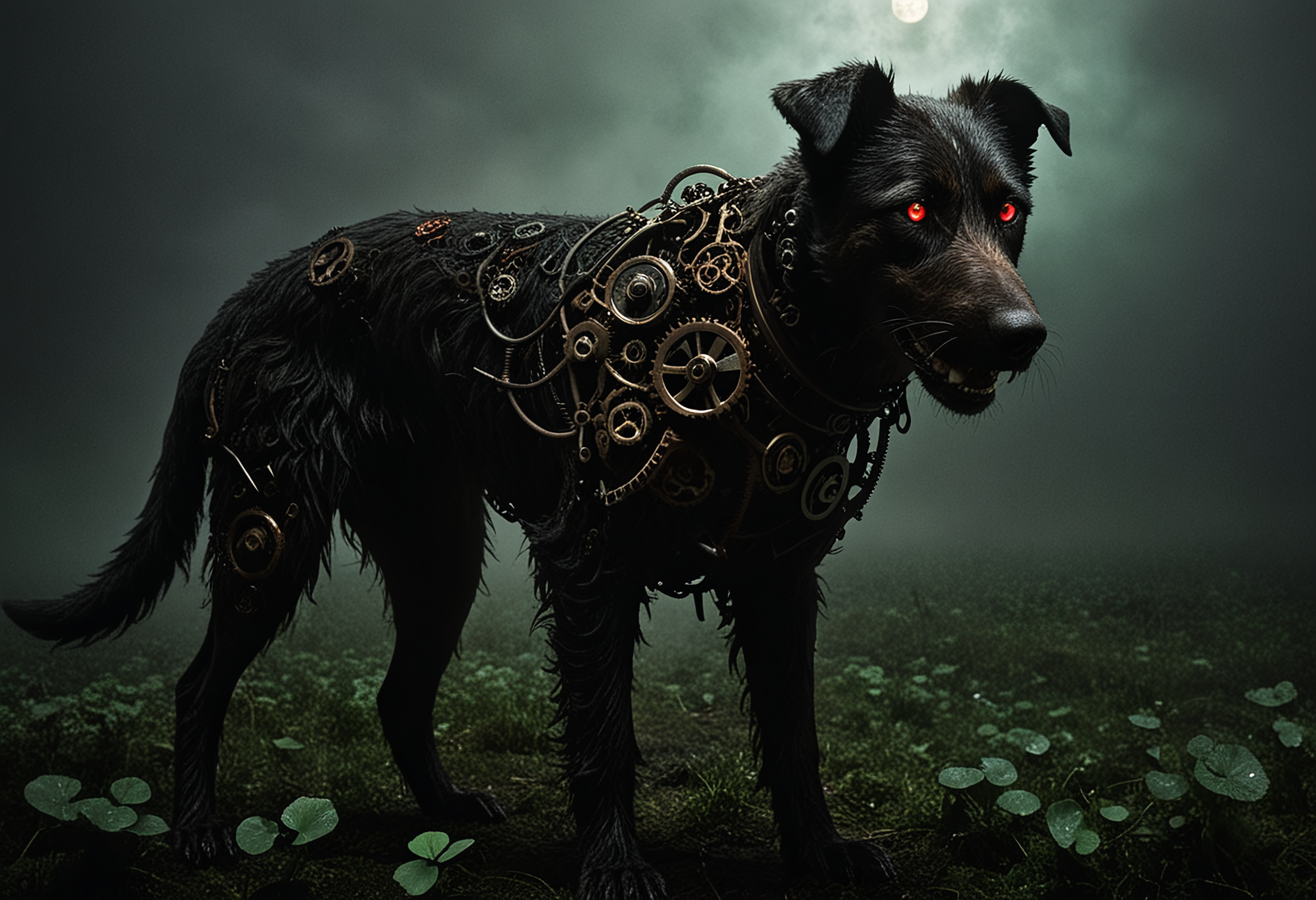 masterpiece, highly detailed, exterior, foggy night, misty field of green clover, clover around the edges, closeup, a menacing mechanical Irish wolfhound, black (fur made of gears), rusty old gears and cogs, old black iron, two glowing red eyes, looking at viewer, emerging from the dark, the black shuck of folklore, dark and menacing, portent of . <lora:gearstyle:1> <lora:zavy-cntrst-sdxl:1> dark, chiaroscuro, low-key