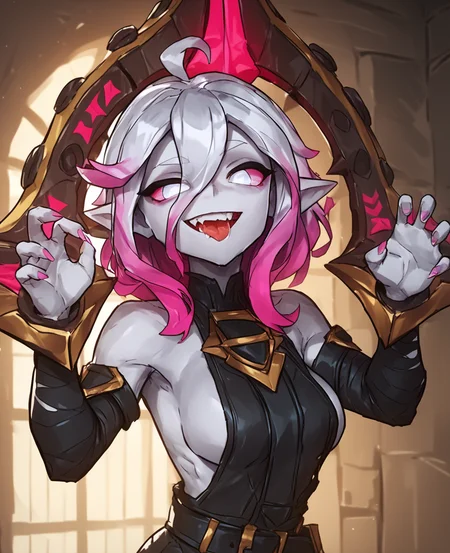 score_9,score_8_up,score_7_up,score_6_up,score_5_up,score_4_up,girl with a pink dildo,briarlol,hands up in shackles,pink sclera white eyes,old castle jail,dark castle,saliva,(grey skin),smug, _aqe,!!,claw pose,sideboob, <lora:sdxlpony_Briart:1>