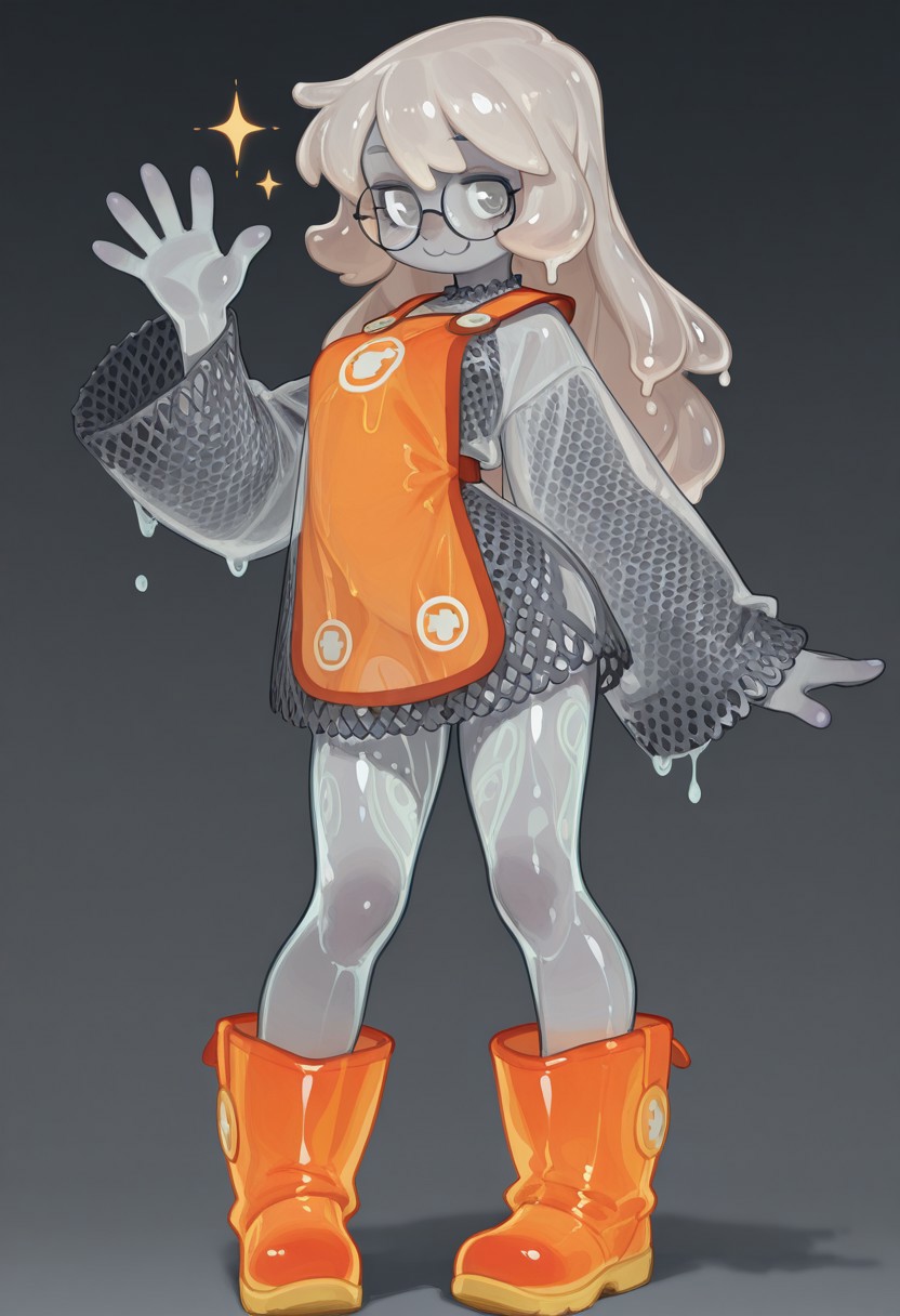 F3n6l1, masterpiece, very aesthetic, absurdres, (solo:1.5),
full body, tmchng, extremely detailed, highres,  Smooth, detailed, masterpiece, masterwork, super cute style, Masterpiece, best quality,amazing quality,very aesthetic, high resolution, (ultra detailed perfect piece:1.2), illustration, (extremely detailed CG 8k), (very fine 8K CG), :3, grey body, gray skin, happy, c:, 2_block_hair, slime hair, gray eyes, circle glasses, orange rim glasses, slime body, gray hair, see-through body, monster girl, friendly, transparent skin, chainmail shirt, oversized chainmail, orange tabard, no pants, orange rainboots, clothes too big, , waving arms,,sparkle, sparkle elements near the girl, sparkle eyes,artist:wamudraws,soft blurry lines, sparkly eyes, cute, sketch, full body