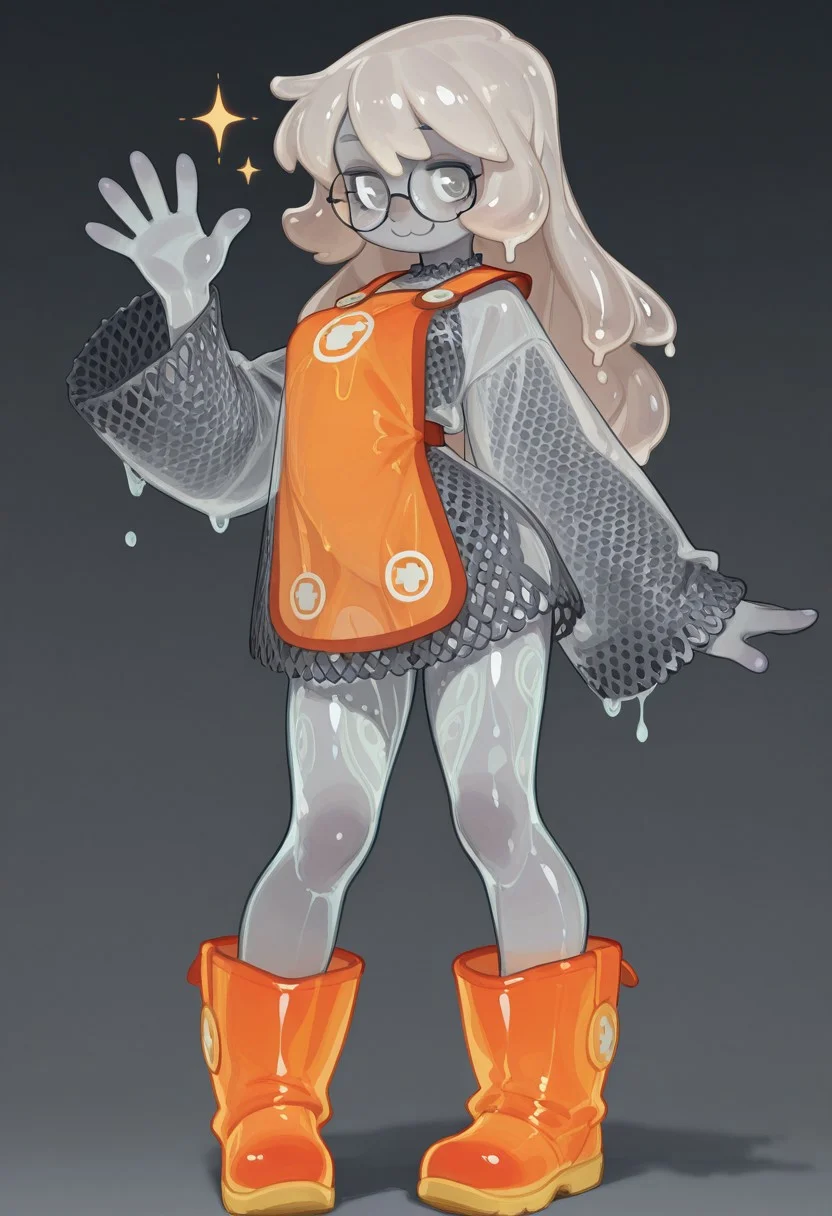 F3n6l1, masterpiece, very aesthetic, absurdres, (solo:1.5),
full body, tmchng, extremely detailed, highres, Smooth, detailed, masterpiece, masterwork, super cute style, Masterpiece, best quality,amazing quality,very aesthetic, high resolution, (ultra detailed perfect piece:1.2), illustration, (extremely detailed CG 8k), (very fine 8K CG), :3, grey body, gray skin, happy, c:, 2_block_hair, slime hair, gray eyes, circle glasses, orange rim glasses, slime body, gray hair, see-through body, monster girl, friendly, transparent skin, chainmail shirt, oversized chainmail, orange tabard, no pants, orange rainboots, clothes too big, , waving arms,,sparkle, sparkle elements near the girl, sparkle eyes,artist:wamudraws,soft blurry lines, sparkly eyes, cute, sketch, full body