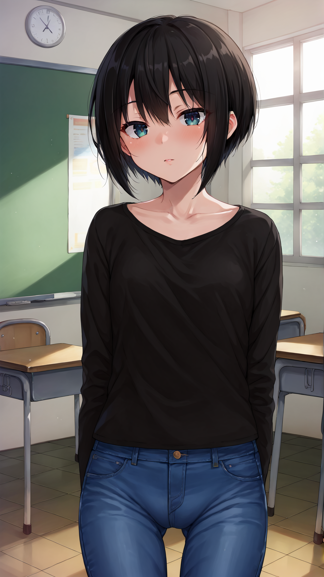 score_9, score_8_up, score_7_up, BREAK source_anime,best quality, masterpiece, uncensored,ultra detailed,unreal engine 5,cinematic lighting,
1girl,(Meticulous Eyelash Details,Depth and Dimension in the Pupils:1.2), shiny skin, classroom, 
<lora:kurose_san_xl2:0.9> kurose_san, short hair, black hair,
shirt, jeans
standing, upper body,