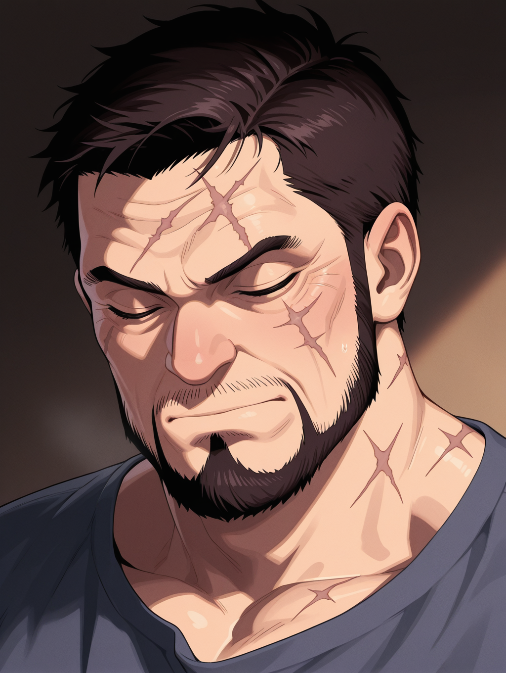 Issho masterpiece, best quality, amazing quality, 1 boy, male focus, solo, Issho, facial hair, short hair, beard, closed eyes, Scars on the face
