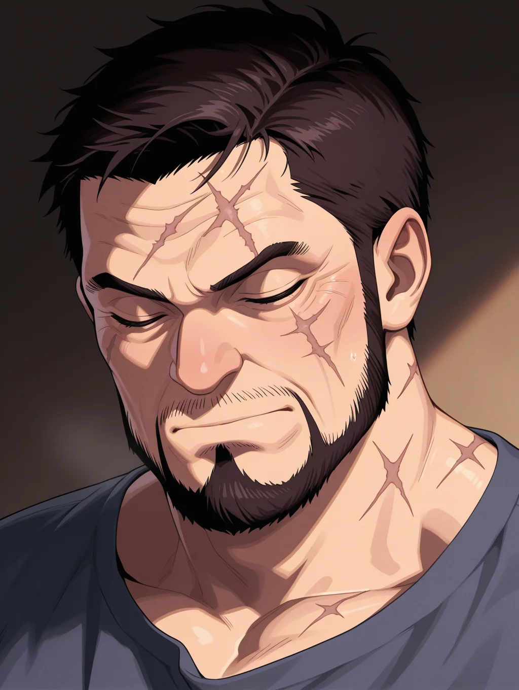 Issho masterpiece, best quality, amazing quality, 1 boy, male focus, solo, Issho, facial hair, short hair, beard, closed eyes, Scars on the face