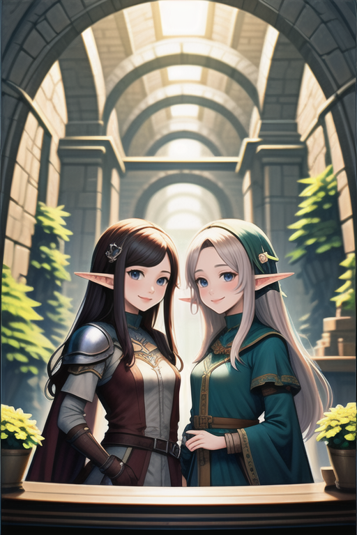 official art, fantasy, 2girls talking  ,elf,  adventurer's guild counter, smile  <lora:LCM_LoRA_Weights_SD15:1>