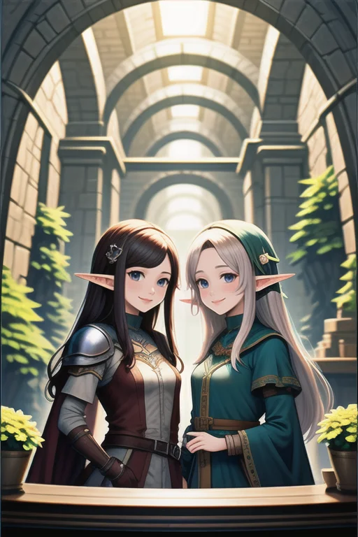 official art, fantasy, 2girls talking ,elf, adventurer's guild counter, smile <lora:LCM_LoRA_Weights_SD15:1>