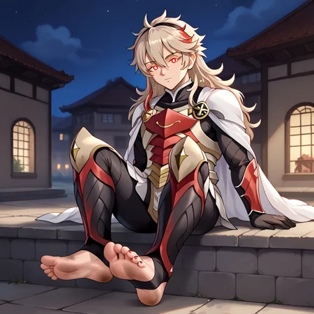 masterpiece, best quality, sharp aliasing, highly detailed, 1male, male body, male,EPfeCorrin, white cape with flames, armour, black gloves, black pants, wearing pants, outdoors, stone tiled ground, buildings, night, barefoot, toeless legwear, armoured legwear, shin armour, leg armour, leg and shin amour, stirrup legwear, black stirrups, 5 toes, Quality, High Definition, Full body view, solo, rengoku kyojuro, forked eyebrowns, long hair, two-etone hair, multicolored hair, red eyes, sword, red toenails, dirty feet, glowing eyes, sitting on ledge, feet, focus, sleeping expression, snoring, feet, soles