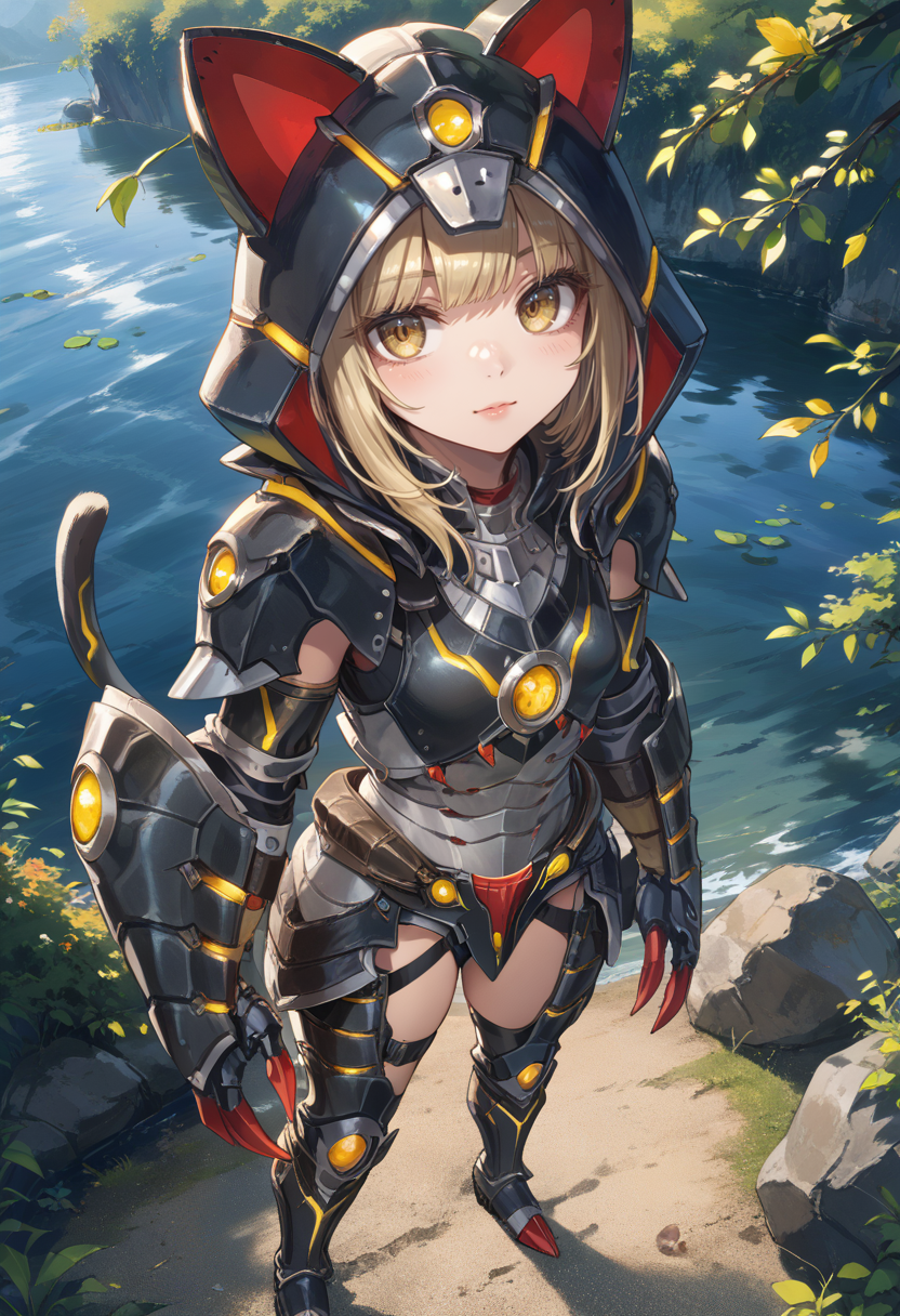 (score_9:0.9),score_8_up,score_7_up,rating_safe,anime style,(zPDXL),<lora:Almudron armor ponyXL v1:0.73>,1girl,solo,yellow eyes,blonde hair,black mechanical cat tail,looking at viewer,black cat hood,almudron armor,black claw gauntlets,black knee boots,black thigh armor,from above,full armor, lake