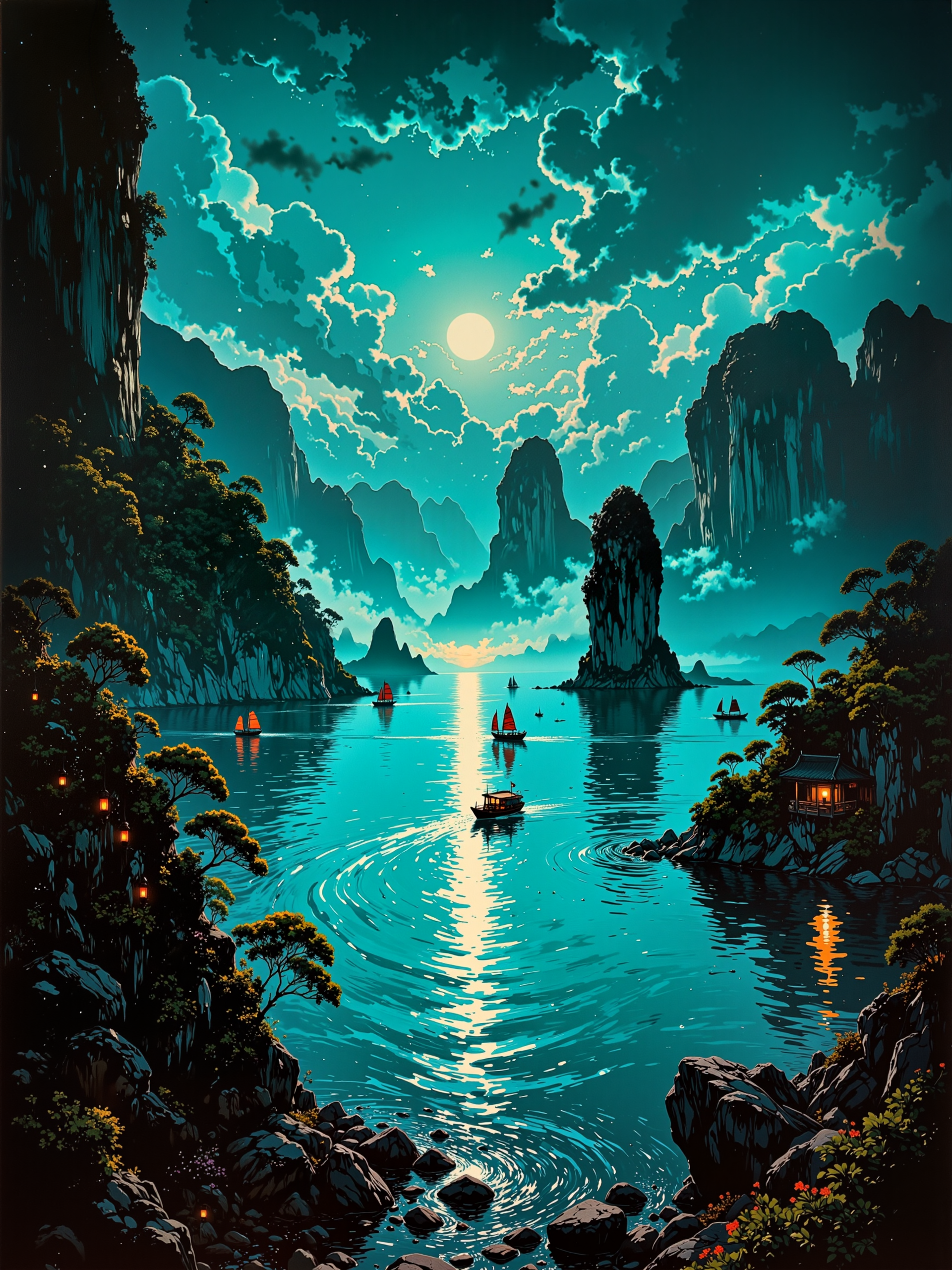 famous artwork, oil on canvas, rule of thirds, epic nocturnal scenery, masterful attention to light and atmospheric perspective, sweeping composition, sublime beauty, ha long bay, vietnam, in the dim and diffused light of the moon half obscured by dramatic clouds, towering limestone karsts rise like ancient monoliths from the bay, their rugged surfaces partially veiled in a mist haze, the deep blues of the night sky blend seamlessly with the darkness of the distant horizon, scattered stars above, wisps of ethereal clouds drifting across the sky, their edges softly glowing from the hidden moonlight. a few traditional wooden junks with their sails iluminated in warm light by small deck lanterns float silently on the mirror-like water, the boats reflections elongated and distorted by the gentle movement of the water, lush vegetation clings to the limestone pillars. in the distance, a few scattered junks with dimly glowing lanterns navigate between the towering rock formations, their warm light barely piercing the vast, moonlit expanse, the grandeur of the scene heightened by the soft, diffused mist that lingers over the water, deepening the sense of mystery and solitude, towering karsts in the background fade into the distance, their forms growing softer and more indistinct, creating a mesmerizing atmospheric perspective. the waterâs surface is masterfully rendered, capturing the interplay of light and shadow, every ripple carefully depicted, the paintingâs brushwork blending exquisite realism with a dreamlike quality, evoking both serenity and awe, night blue and teal green and ivory white and jet black, ovg, hrscontrast, <lora:style-hudson_river_school-flux-by_kornrat:0.68> mezzotint, <lora:style-mezzotint-flux-by_ethanar:0.24> <lora:style-cheats-by_schmede:0.56>
