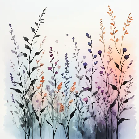 <lora:Expressive_Watercolor_Ink_washSDXL:1> ArsMJStyle, Expressive Watercolor Ink Wash, The image is an abstract painting of a group of plants and flowers. The background is a light blue color with a gradient effect creating a soft and dreamy atmosphere. The plants are in various shades of purple pink and orange with some green leaves and stems. The flowers are scattered throughout the painting adding a pop of color to the otherwise monochromatic image. The colors are soft and muted with hints of pink orange and blue. The overall mood of the image is peaceful and serene., no humans, flower, purple flower, plant, scenery, blue flower, still life, white background, outdoors, gradient