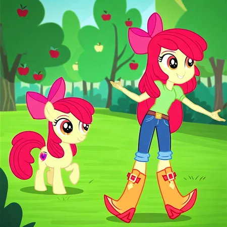 score_9, score_8_up, score_7_up, source_anime, prefect lighting, very aesthetic, intricate details, highly detailed background, high quality, perfect hands, best quality, 1girl, solo, my little pony, equestria girls, female child,apple bloom, yellow skin, red hair, long hair, large pink bow, neon green shirt, puffy sleeves, brown belt, blue denim pants, orange boots, outdoors, park, walking, looking at side, smile, animals, tree, bush, grass, detailed background