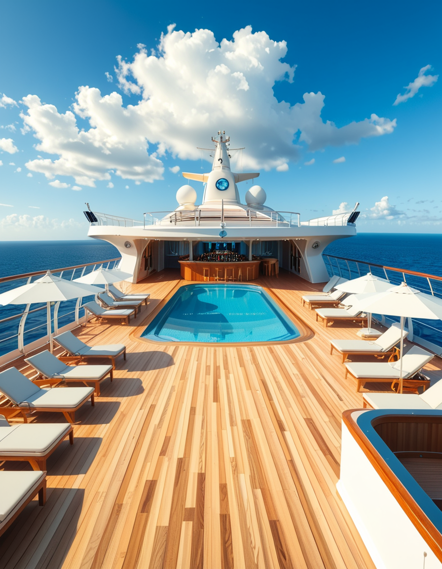 A wide, high-resolution view of the upper deck of a modern luxury cruise ship, completely empty of people. The deck features a clean, polished teak wood floor and sleek white railings along the edges. Several neatly arranged lounge chairs line both sides, with large white parasols providing shade. In the center of the deck, a crystal-clear swimming pool reflects the blue sky, with no one in or around it. To one side, a stylish bar area with a curved canopy stands closed, with colorful bottles and barstools neatly arranged. The background reveals the endless ocean meeting the horizon, under a bright, cloud-speckled blue sky. The lighting is natural daylight, casting soft shadows and highlighting the modern, serene, and luxurious ambiance of the cruise ship deck. No signs of human presence â everything is pristine, calm, and ready for guests.
<lora:SDXLFaeTastic2400:0.4> <lora:extremely_detailed:0.4> extremely detailed,<lora:luxury_cru1s3_sh1p:1>,luxury cru1s3 sh1p, Masterpiece,best quality,hi res,8k,hi res,8k,award winning,(sharp focus, intricate, highly detailed),