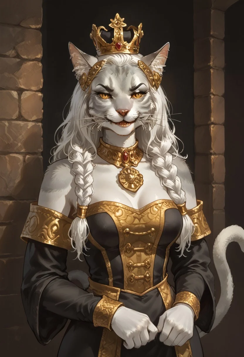 score_9, score_8_up, score_7_up, manga furry khajiit 40 year old female with cat nose, cat whiskers and a tail, evil, yellow feline eyes, big long 80's white hair with braids and gold charms and medium breasts, (((light grey short fur tabby, cat nose, whiskers, grey cat ears, grey cat tail))), posing sexy in a medieval gambling den, frank frazetta style, playgirl, rich, luxurious, big bust, toned body, (((mature face, smug evil expression))), hud_b1g_80sh4ir, big hair, long hair, w0lf0gam1, 4K, high quality, detailed, wearing a skimpy golden slavekini outfit with a fur stole over shoulders, royal crown