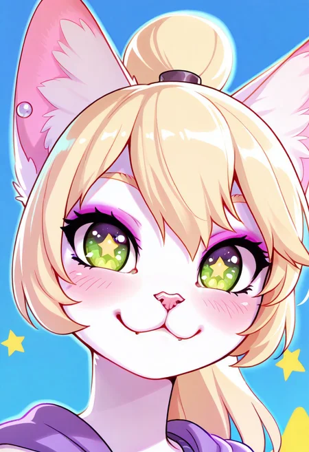 masterpiece, best quality, good quality, newest, highres, absurdres, cutie, close-up, portrait, eye focus, looking at viewer, 
Alisa, 1girl, solo, furry female, cat girl, green eyes, eyeshadow, animal ears, long hair, blonde hair, ponytail, animal nose, body fur, white fur, snout, blush,
solid earrings, star \(symbol\), star-shaped pupils, symbol in eye, star in eye, :3,
colorful themes, high Saturation, excitement mood, blue background, haiz_ai, no lineart, no outline, chwo,