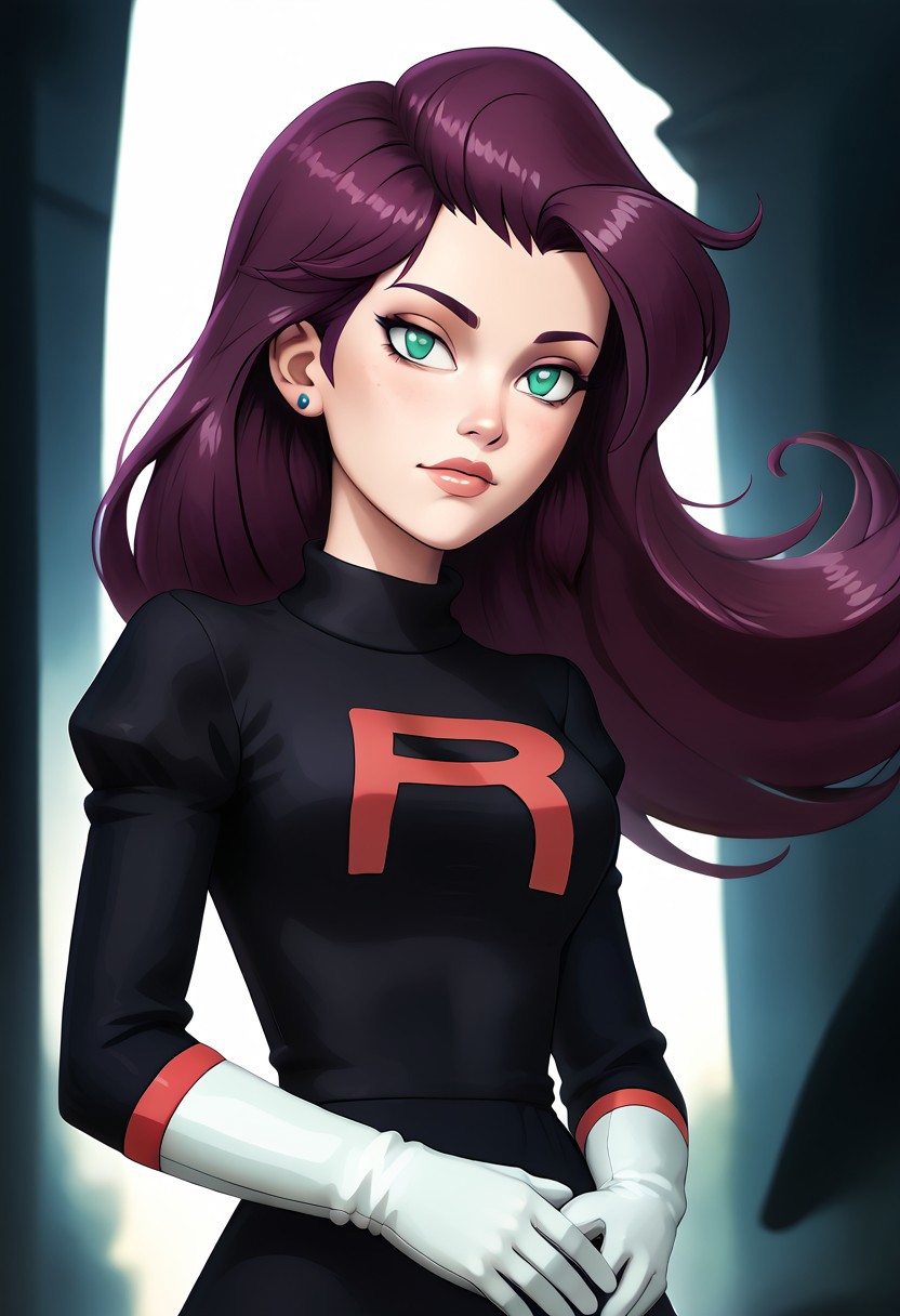 score_9, score_8_up, score_7_up, score_6_up, PRSNL_3_1, uncensored, pupils black dots, lips,
upper body, best quality, masterpiece, 4k, realistic, warm light,
PMMiyamoto, team rocket, floating hair, purple hair, bangs, green eyes, orange earrings, aged up,
black dress, puffy sleeves, elbow gloves, white gloves, white thighhighs, thigh boots,