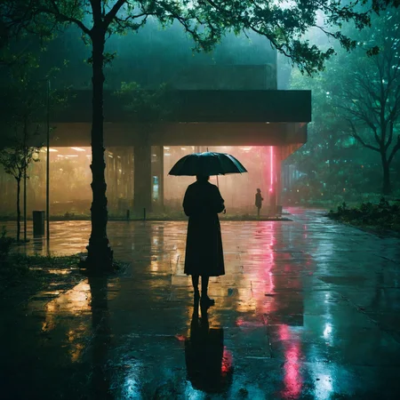 film photography style a dark, moody image of person holding an umbrella looking away, towards a neon building with trees overhead and wet concrete ground, very dark image <lora:FILM_PHOTOGRAPHY_STYLE-000017:1>