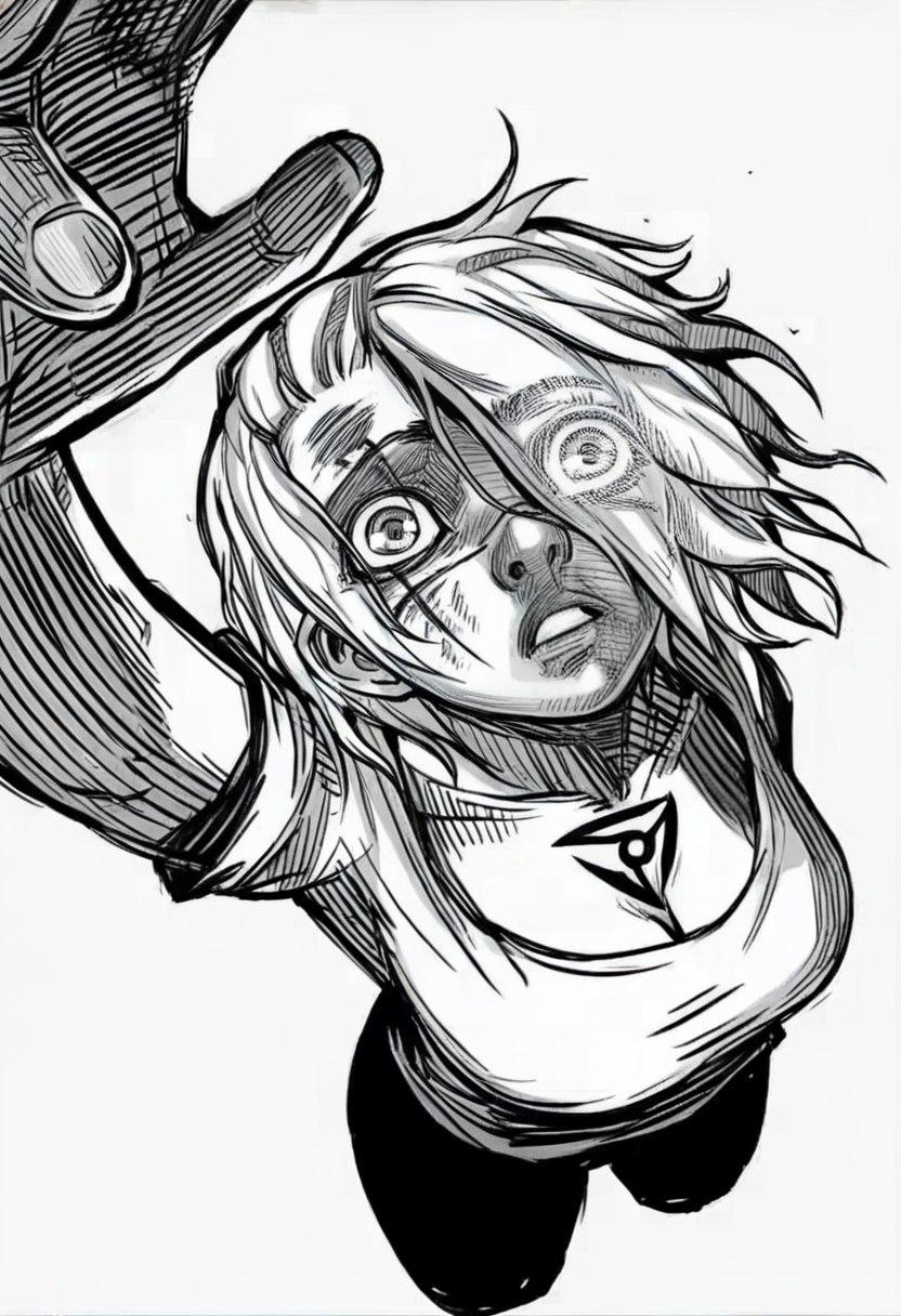 monochrome, greyscale, 1girl, solo, hair over one eye, breasts, looking at viewer, looking up, from above, short hair, pants, foreshortening, white background, wide-eyed, arm up, cleavage, jewelry, scar <lora:odysseasXL_NBVP1_lokr_V6311PZ:0.95>