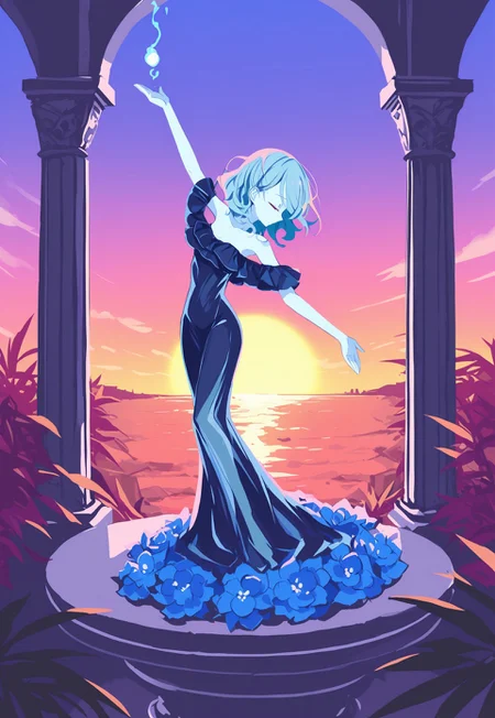 masterpiece, best quality, amazing quality, very aesthetic, absurdres, newest, 8k, detailed background, hebitsukai_illu, ma1ma1helmes_b_illu,sketch, 
BREAK, 
1girl, light blue skin, flower shoulders, flower clothing, dark blue dress, short teal hair, wavy hair, shimmering clothing, translucent, flowing clothing, exposed shoulders, midriff, on pedestal, standing, arms out, dancing, bent elbow, swirling fluid magic,, facing down, facing to the side, BREAK, vibrant backdrop, tropical foliage, ancient ruins, brilliant sunset, serene, colorful, detailed background, dramatic lighting, depth of field, volumetric lighting