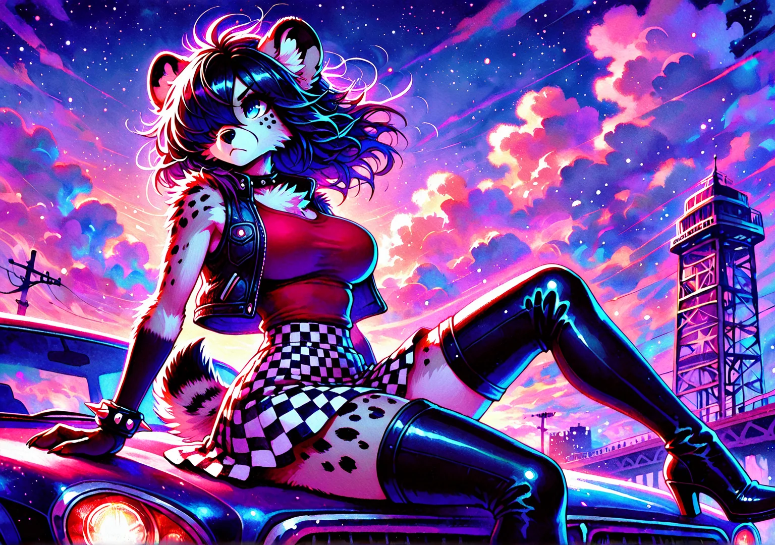 masterpiece,best quality,amazing quality, FMIXF2, FMIXF, vibrant details, sshdw, colorful, detailed shading, hued shading, soft shadows, female furry, solo, narrow waist, hyena, (medium hair, messy hair, hair over one eye, black hair), >:<, large breasts, small claws, red claws, sleeveless, vest, red shirt, open clothes, checkered skirt, thigh boots, spiked bracelets, blue eyes, view from the side, notched ear, sitting on car, night sky, clouds