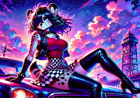 masterpiece,best quality,amazing quality, FMIXF2, FMIXF, vibrant details, sshdw, colorful, detailed shading, hued shading, soft shadows, female furry, solo, narrow waist, hyena, (medium hair, messy hair, hair over one eye, black hair), >:<, large breasts, small claws, red claws, sleeveless, vest, red shirt, open clothes, checkered skirt, thigh boots, spiked bracelets, blue eyes, view from the side, notched ear, sitting on car, night sky, clouds