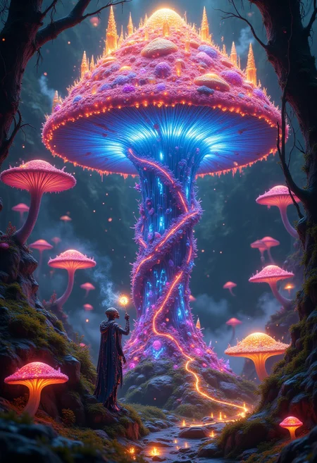 aidmaMJ6.1, aidmaimageupgrader, A surreal and vibrant fantasy scene featuring a colossal glowing mushroom, home to an advanced ant civilization, set in an enchanted jungle of bioluminescent fungi. The giant mushroom is covered in intricate ant-made structures, glowing pathways, and shimmering spires, with tunnels radiating light from within its stem. On one side of the scene, a single ant is prominently displayed in extraordinary detail, showcasing its metallic-like exoskeleton, glowing accents, and intricate design, exuding an aura of intelligence and strength. The ant holds a radiant spore, highlighting its role in this magical society. Surrounding the mushroom, smaller glowing fungi release ethereal spores into the misty air, creating an otherworldly atmosphere. The image blends epic fantasy with futuristic elements, emphasizing the majestic beauty and complexity of the ant and its glowing fungal home.