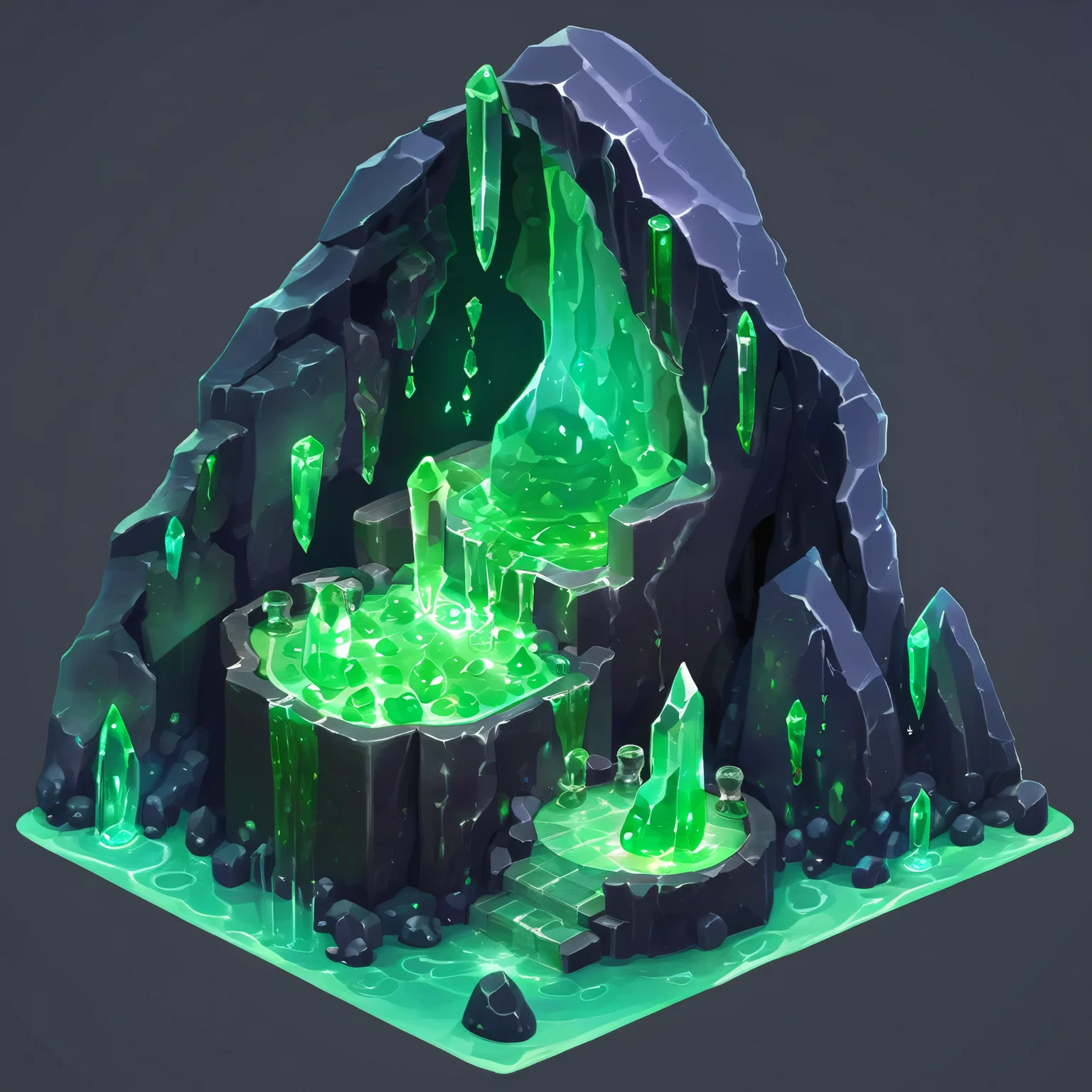 ((masterpiece, best quality)), absurdres, Isometric_Setting, highly detailed, Isometric_Setting, cave, green crystal, magic, green glowing, slime, <lora:Stylized_Setting_SDXL:0.8>