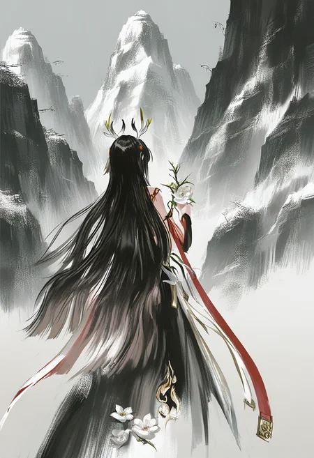 solo, 1girl, long hair, flower, black hair, holding, white flower, from behind, horns, white background, very long hair, mountain <lora:YLXL_NBVP1_lokr_V6311P:0.95>