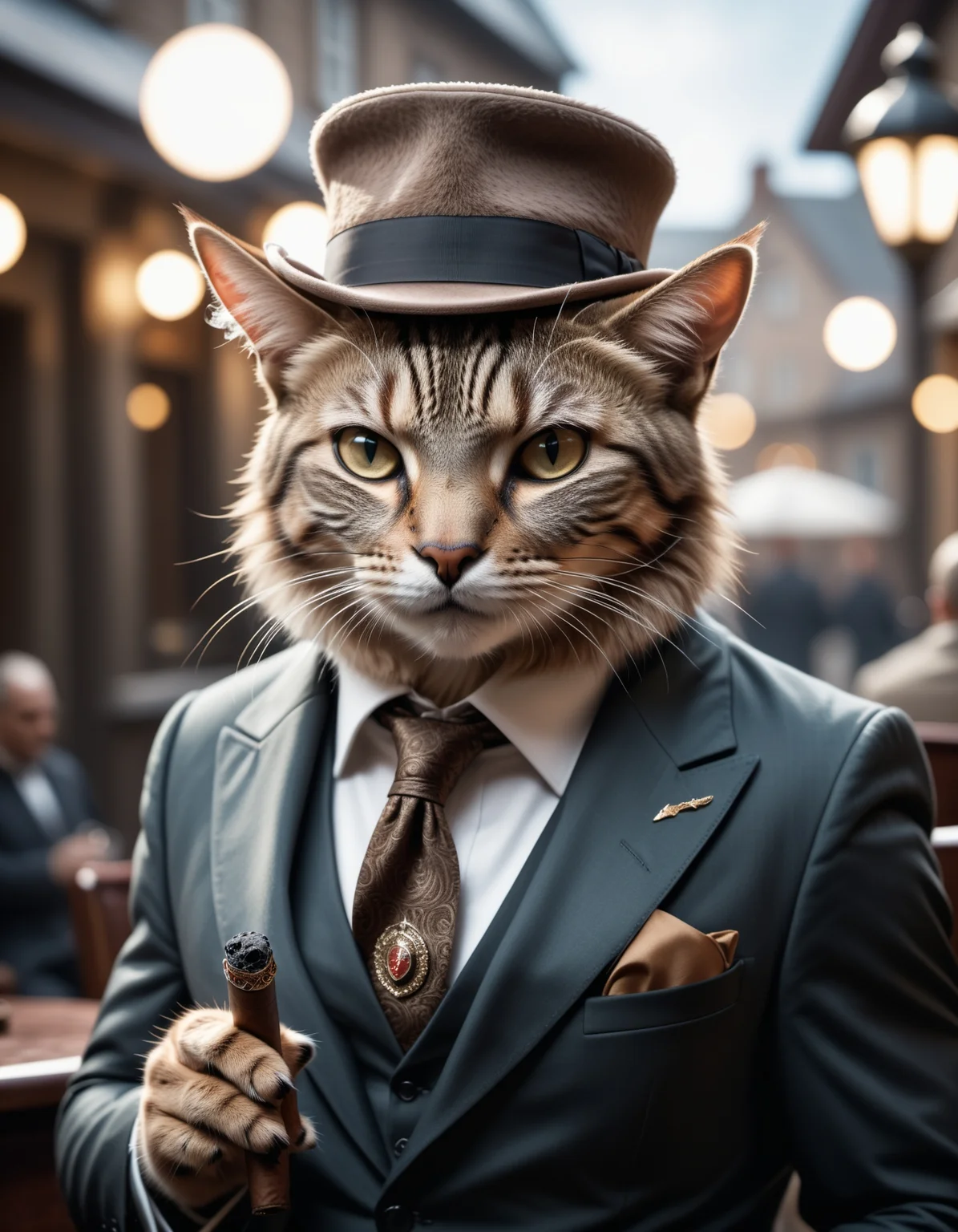 cinematic film still ((BBC Style)) picture of an cat mobster in (wildlife) , smoking his cigar . shallow depth of field, vignette, highly detailed, high budget, bokeh, cinemascope, moody, epic, gorgeous, film grain, grainy, high quality photography, 3 point lighting, flash with softbox, 4k, Canon EOS R3, hdr, smooth, sharp focus, high resolution, award winning photo, 80mm, f2.8, bokeh