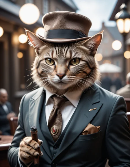 cinematic film still ((BBC Style)) picture of an cat mobster in (wildlife) , smoking his cigar . shallow depth of field, vignette, highly detailed, high budget, bokeh, cinemascope, moody, epic, gorgeous, film grain, grainy, high quality photography, 3 point lighting, flash with softbox, 4k, Canon EOS R3, hdr, smooth, sharp focus, high resolution, award winning photo, 80mm, f2.8, bokeh