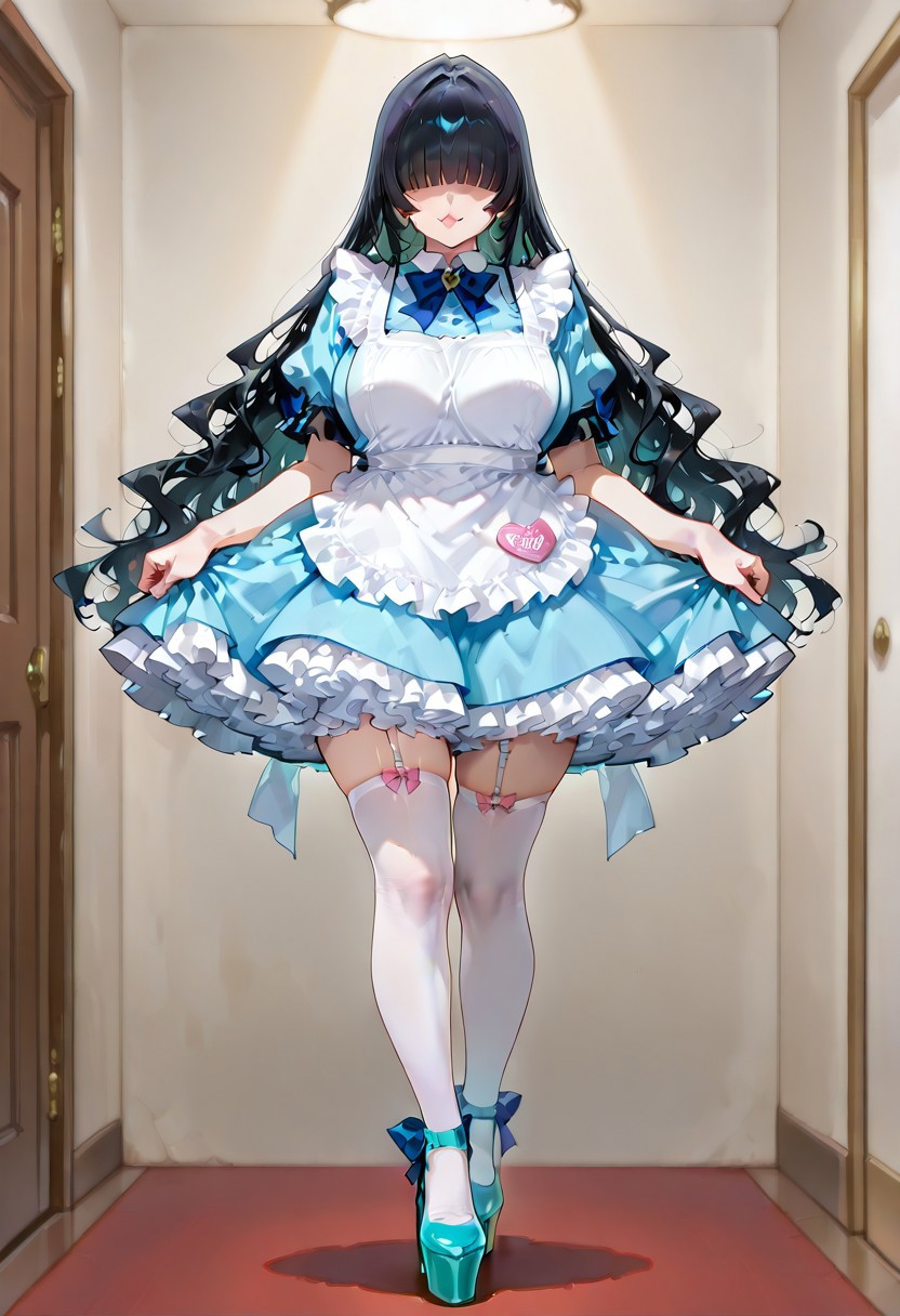 wearing dr3ss, frills, apron, hair over eyes, 1girl,solo, Long shy timid blunt bangs, Really long purple messy shy timid hair, wide skirt,(long_soft_black_hair:1.19), Beautiful big_pink_plump_noticeably_highly_voluminous_thick_lips, (white_satin_maid_outfit:0.7), short blue maid sleeves, gorgeous hair over eye’s, No eyes visible due to hair, adorable submission pleasure shy timid face, (squishy_bursting_gigantic_size_breast:0.88), (frilly_ruffled_light_blue_long_puffy_really_wide_Mahou_Kei_romantic_light_blue_puffy_layered_structured_skirt:1.3), (really_wide_romantic_skirt:0.5), (adorable_full_body_and_shy_timid_adorable_obedient_ladylike_skirt_submission_heels_upward:0.77),(upper_full_mature_Female_body_and_delicious_timid_adorable_obedient_ladylike_skirt_submission_heels_upward:1.15), no eyes, platform heels, ankle bows, thighhighs, white thigh-high stockings with light blue platform heels with a bow