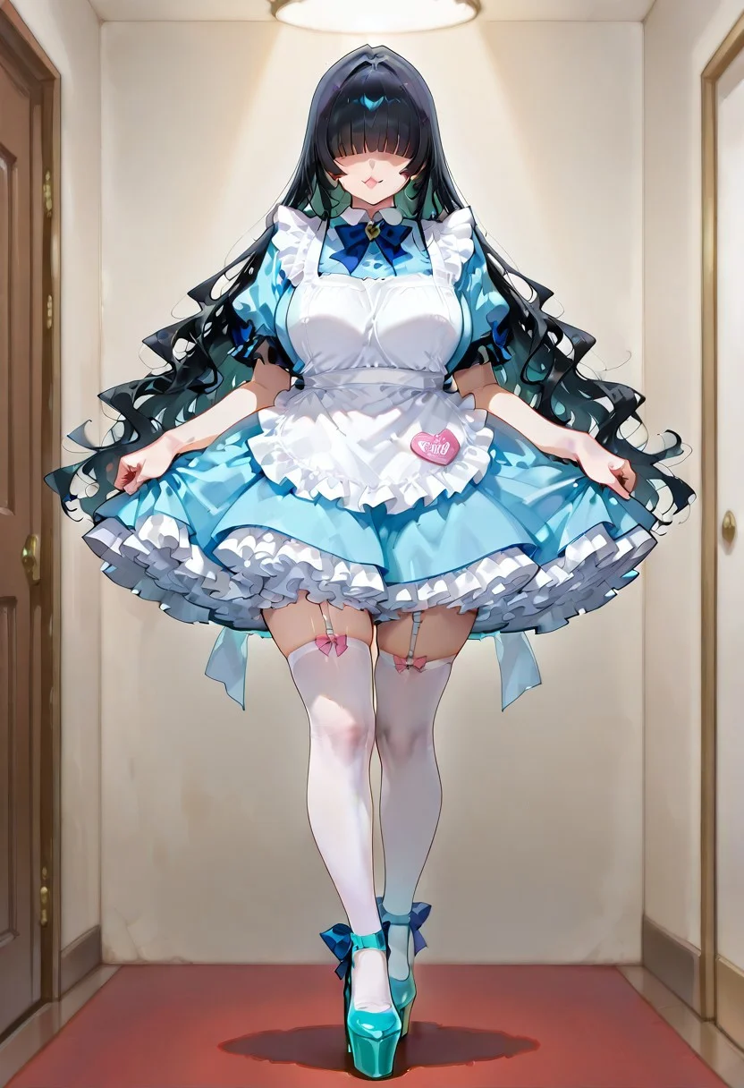 wearing dr3ss, frills, apron, hair over eyes, 1girl,solo, Long shy timid blunt bangs, Really long purple messy shy timid hair, wide skirt,(long_soft_black_hair:1.19), Beautiful big_pink_plump_noticeably_highly_voluminous_thick_lips, (white_satin_maid_outfit:0.7), short blue maid sleeves, gorgeous hair over eye’s, No eyes visible due to hair, adorable submission pleasure shy timid face, (squishy_bursting_gigantic_size_breast:0.88), (frilly_ruffled_light_blue_long_puffy_really_wide_Mahou_Kei_romantic_light_blue_puffy_layered_structured_skirt:1.3), (really_wide_romantic_skirt:0.5), (adorable_full_body_and_shy_timid_adorable_obedient_ladylike_skirt_submission_heels_upward:0.77),(upper_full_mature_Female_body_and_delicious_timid_adorable_obedient_ladylike_skirt_submission_heels_upward:1.15), no eyes, platform heels, ankle bows, thighhighs, white thigh-high stockings with light blue platform heels with a bow