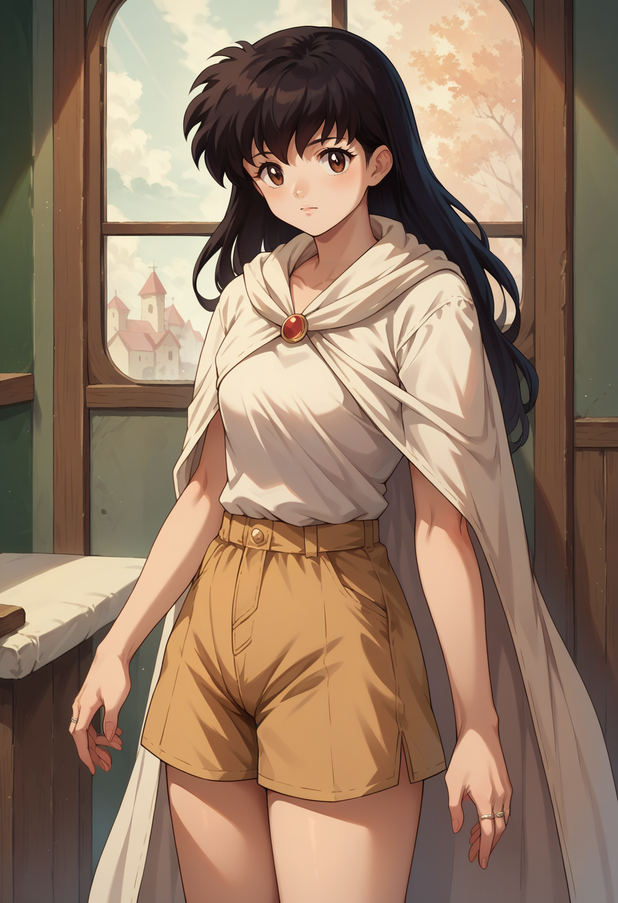 score_7, score_8_up, score_7_up, source_anime, 1girl, solo, looking at viewer, <lora:EPinKagumeSDXL-13:1.0>, EPinKagome, black hair, brown eyes, long hair, detailed background, cape, vermilion shorts, (ring), cowboy shot, indoors, [living room|kitchen|bed room|classroom|bath room| train interior| car interior|bus interior|bus stop|train station|changing room| stairwell]