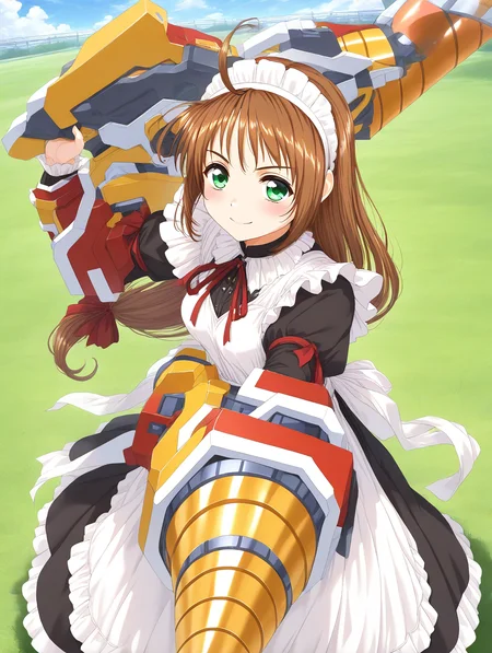 general,highres, game cg, ultra-detailed,very aesthetic,best quality ,best hands, BREAK <lora:Spiral_Nami_IS:1>drii_nami, solo, brown hair, green eyes, drill, polearm, maid apron, maid headdress, weapon, ahoge, ribbon, maid, long hair, low-tied long hair,
smile,looking at viewer, cowboy_Shot,
day, grass, sky,