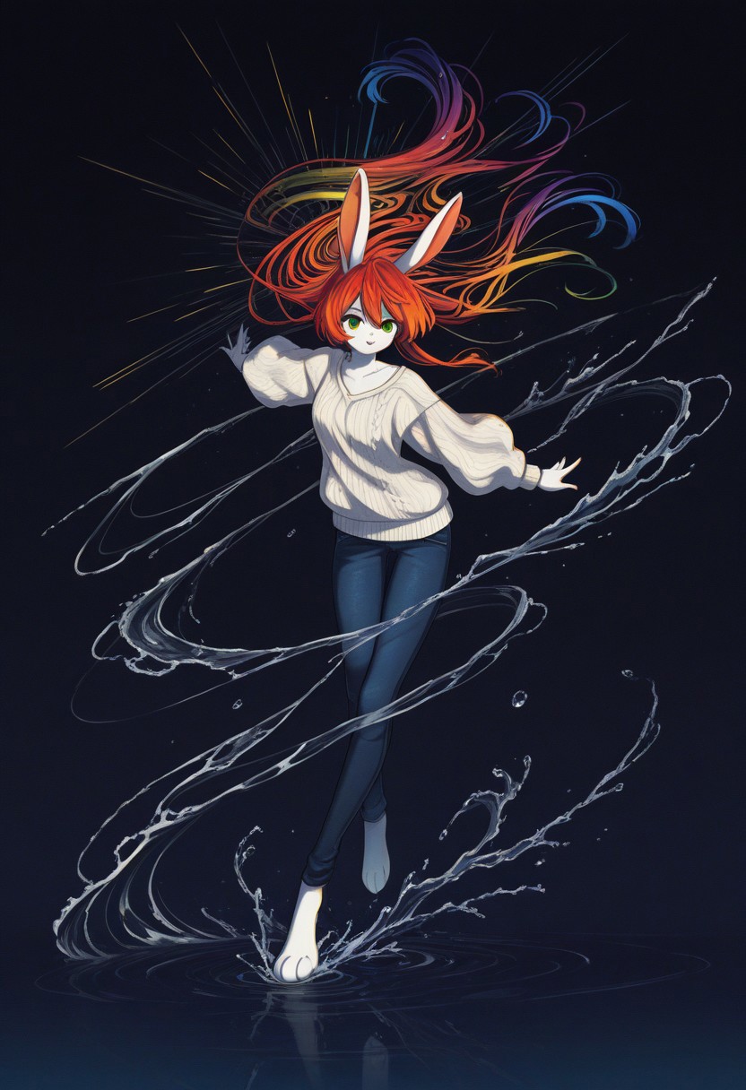 (masterpiece, gradient, recent, good_quality, high_quality, newest, very aesthetic, vibrant_background, abstract_background, colorful, surreal, anime_coloring:1, vectortrace:1, flat_colors:1,rabbit girl,furry,red hair,white rabbit ear,solo,add detailed eyes,green eyes,dressed,happy,long hair,roll-up sweater,jeans,BV-Illu,Dynamic pose, midnight blue gradient background, water,late night,