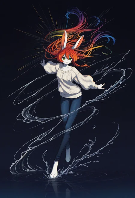 (masterpiece, gradient, recent, good_quality, high_quality, newest, very aesthetic, vibrant_background, abstract_background, colorful, surreal, anime_coloring:1, vectortrace:1, flat_colors:1,rabbit girl,furry,red hair,white rabbit ear,solo,add detailed eyes,green eyes,dressed,happy,long hair,roll-up sweater,jeans,BV-Illu,Dynamic pose, midnight blue gradient background, water,late night,