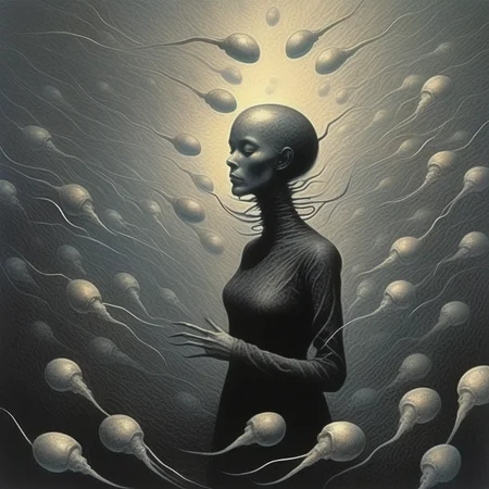 death girl surrounded by a group of sperm spermazoid gametes, surrealistic, by beksinski<lora:gametes :1>