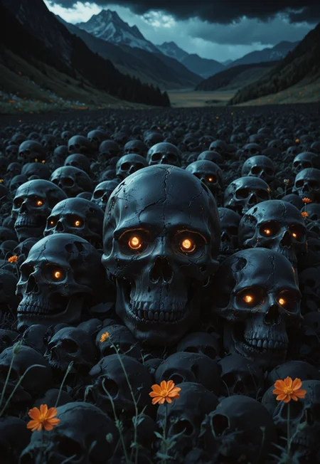 masterpiece, best quality, newest, absurdres, highres, very awa,
hu99y, mountain valley, (field of many glowing black skull:1.9), blood, orange flowers, black theme, film grain, cloudy rim light, (realistic:1.8),