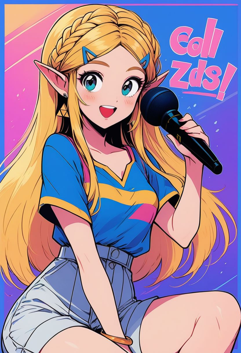 score_9, score_8_up, score_8, medium breasts, (curvy), cute, eyelashes,       
BREAK, 
princess zelda, long hair, crown braid, hairclip, pointy ears, blue shirt, smile, 
looking at viewer, blush, open mouth,
, shirt, holding, jewelry, sitting, upper body, short sleeves, earrings, shorts, striped, bracelet,  microphone, shirt tucked in, holding microphone, high-waist shorts,
text, text in background,
border, 
zPDXL,