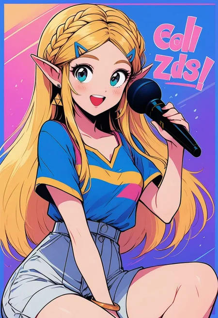 score_9, score_8_up, score_8, medium breasts, (curvy), cute, eyelashes,       
BREAK, 
princess zelda, long hair, crown braid, hairclip, pointy ears, blue shirt, smile, 
looking at viewer, blush, open mouth,
, shirt, holding, jewelry, sitting, upper body, short sleeves, earrings, shorts, striped, bracelet,  microphone, shirt tucked in, holding microphone, high-waist shorts,
text, text in background,
border, 
zPDXL,
