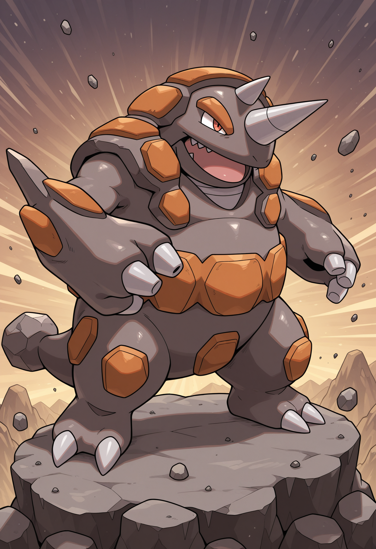 solo, rhyperior, pokemon \(creature\), horn, claws, anthro, red eyes, 3 fingers, feral, abstract background, 3 fingers, rock, mountains, wind, three-quarter view, open mouth,
perfect anatomy, masterpiece, perfect quality, best quality, detailed, newest, very aesthetic  <lora:Rhyperior_Pokemon_V1_ILXL:1.0000000000000002>