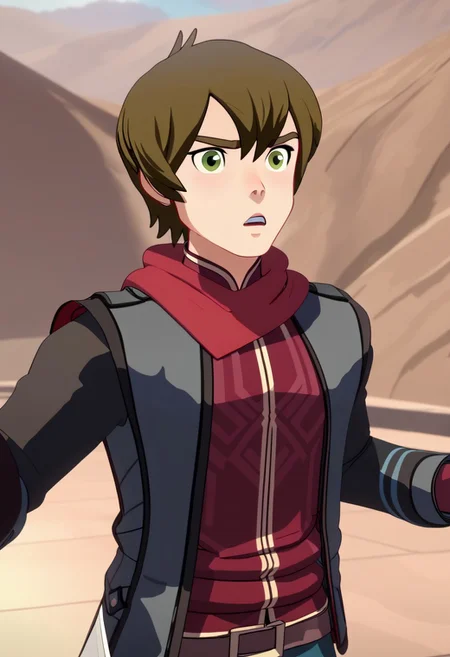 ((score_9)), TDPStyle, Callum, pointing, jacket over shirt, red scarft, pointing upward, confused, bust shot,