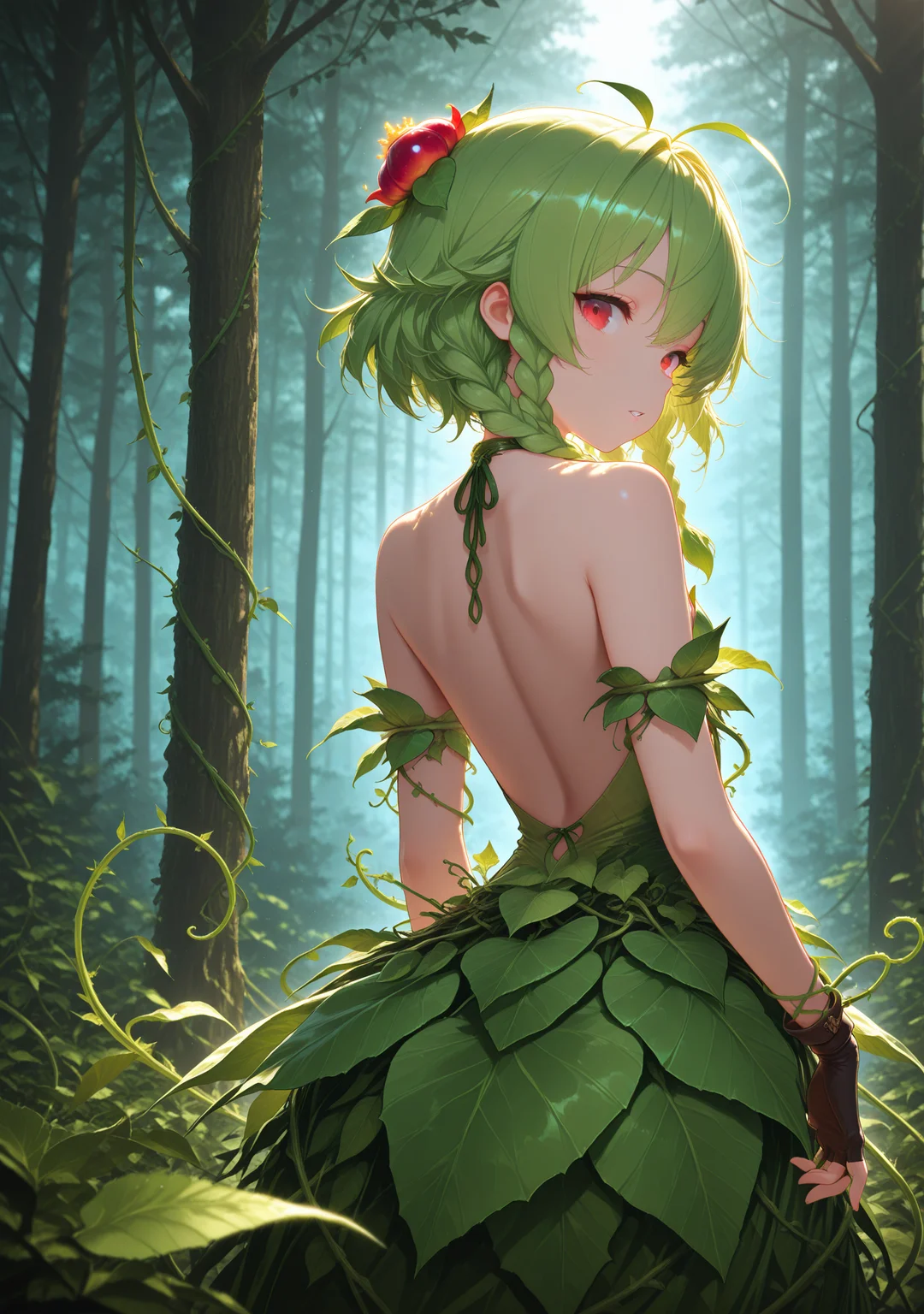 masterpiece,best quality,amazing quality,
<lora:svevsty:1>,svevsty,
1girl,plant girl,solo,red eyes,green hair,vines,tree,leaf,looking at viewer,braid,dress,plant,nature,bare shoulders,outdoors,looking back,backless outfit,bangs,parted lips,twin braids,from behind,gloves,back,standing,backless dress,forest,fingerless gloves,