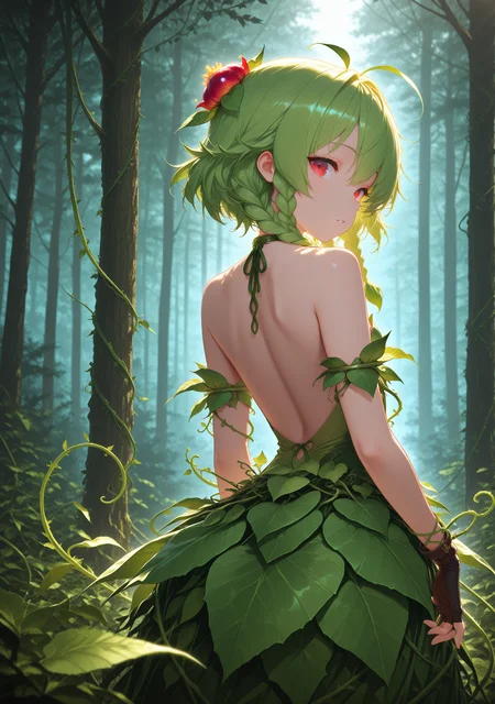 masterpiece,best quality,amazing quality,
<lora:svevsty:1>,svevsty,
1girl,plant girl,solo,red eyes,green hair,vines,tree,leaf,looking at viewer,braid,dress,plant,nature,bare shoulders,outdoors,looking back,backless outfit,bangs,parted lips,twin braids,from behind,gloves,back,standing,backless dress,forest,fingerless gloves,