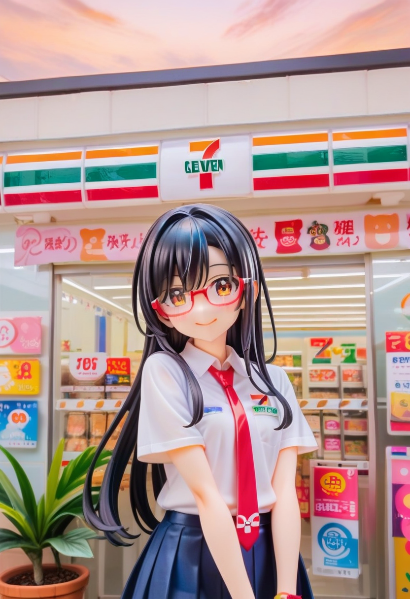 score_9, score_8_up, score_7_up, rating_safe, masterpiece, best quality, absurdres, unity 8k wallpaper, official art, official style, source_anime, uncensored, game cg, megami magazine,
1girl, solo, glasses, black hair, long hair,  collared shirt, red necktie, pleated skirt, blue skirt, looking at viewer, blush, upper body, short sleeves, smile, happy,
seveneleven, konbini, scenery, storefront, japan, shop, scenery, outdoors, convenience store, sky, plant, sign, building, storefront, day, real world location, blue sky
<lora:7eleven_storefront_PONY_V1:1>
