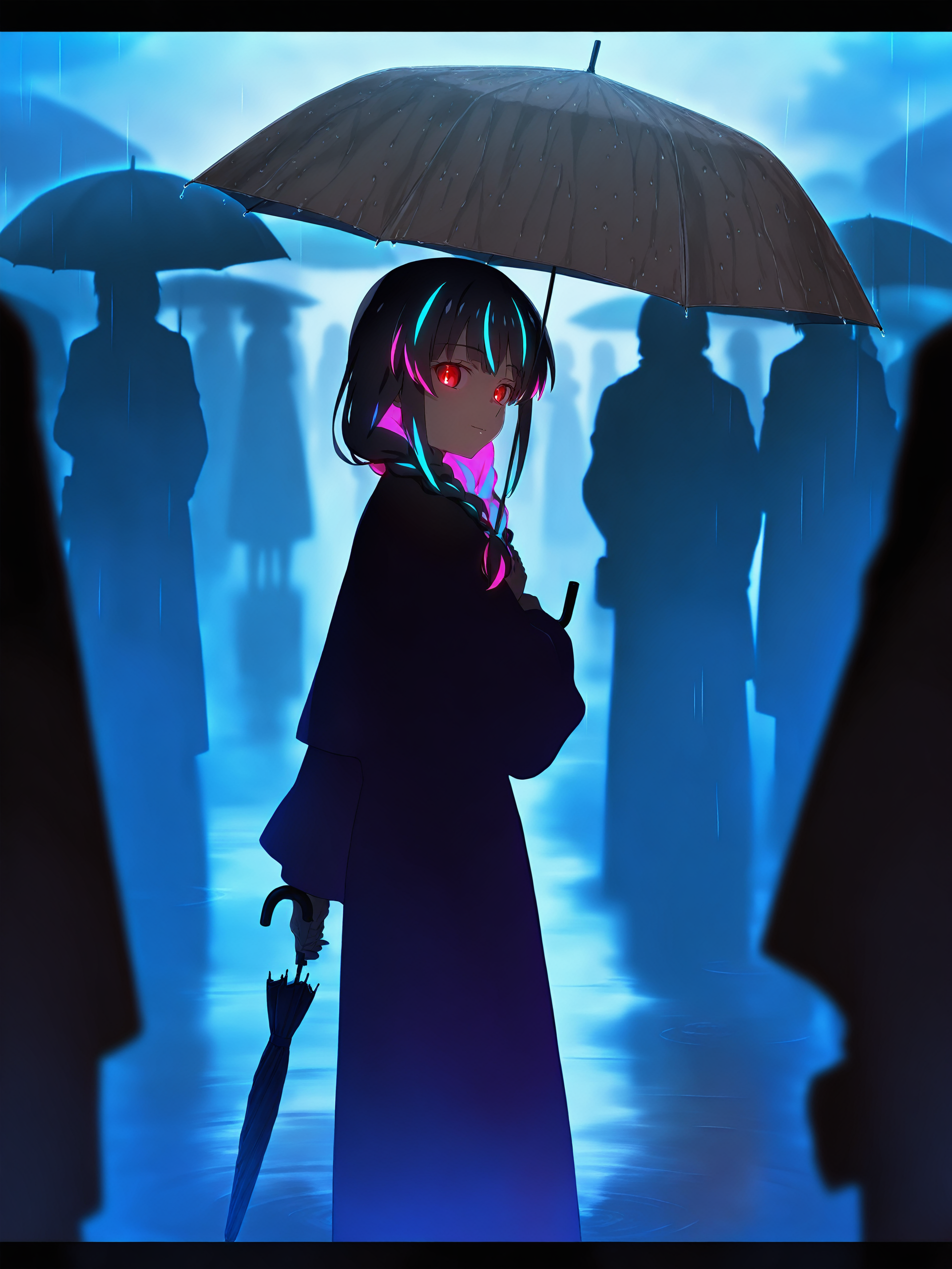 <lora:nai_ILL:0.8>,
higurashimei, <lora:HigurashiNoNakuKoroNi_doraIllustriousxlV10:0.8>,
<lora:Glowing_Spot_Color_-_Illustrious:0.6>, glowing eyes, streaked hair, glowing inner hair, glowing streaks,
1girl, 2others, black umbrella, blurry foreground, braid, depth of field, glowing, holding umbrella, letterboxed, looking at viewer, multiple others, outdoors, rain, ripples, silhouette,