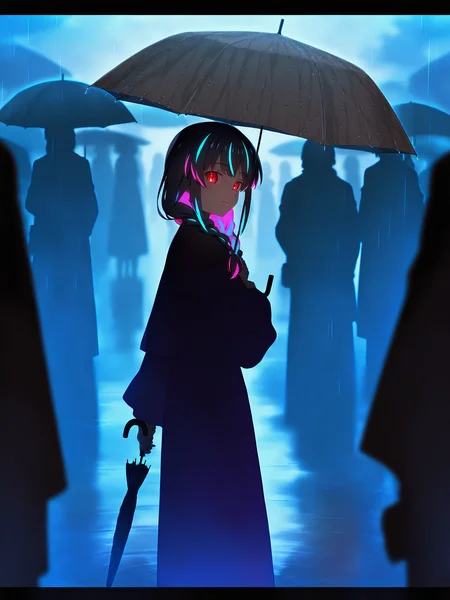 <lora:nai_ILL:0.8>,
higurashimei, <lora:HigurashiNoNakuKoroNi_doraIllustriousxlV10:0.8>,
<lora:Glowing_Spot_Color_-_Illustrious:0.6>, glowing eyes, streaked hair, glowing inner hair, glowing streaks,
1girl, 2others, black umbrella, blurry foreground, braid, depth of field, glowing, holding umbrella, letterboxed, looking at viewer, multiple others, outdoors, rain, ripples, silhouette,
