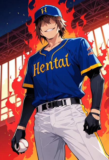 score_9, score_8_up, score_7_up, score_6_up, source_anime, BREAK, 1man, solo, (( <lora:hentai_mc:1> , hentai_mc, faceless, shaded face, toned body, manly, strong male, alfa male, short brown hair, hair over eyes, charismatic male, )), ((baseball uniform, baseball jersey, white baseball shirt with yellow edged, blue innerwear shirt, white baseball pants with black belt, blue baseball cap with yellow edged red "H" logo, )) , red aura, red theme, black gloves, masterpiece, best quality, male focus, cowboy shot, holding baseball ball, looking away, expressive face, evil smile, grin, manly, 1male, blurry outdoors, from below, dutch angle, intricately detailed illustration, atmospheric perspective, depth of field
