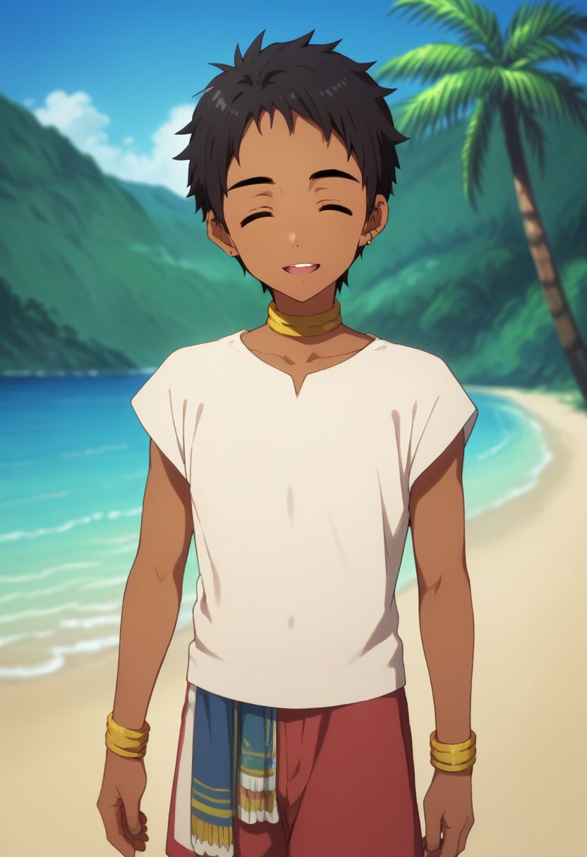 score_9, score_8_up, score_7_up, source_anime, highly detailed, 
prince_tama, solo, dark skin, 1boy, jewelry, male focus, black hair, bracelet, dark-skinned male, upper body, anklet, smile, closed eyes, looking at viewer, shorts, shirt, red shorts, smile, open mouth.
outdoor, beach, ocean, palms